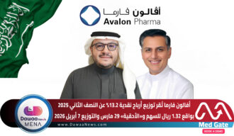 أفالون فارما تُقر توزيع أرباح نقدية 13.2% عن النصف الثاني 2025 بواقع 1.32 ريال للسهم… و«الأحقية» 29 مارس والتوزيع 7 أبريل 2026