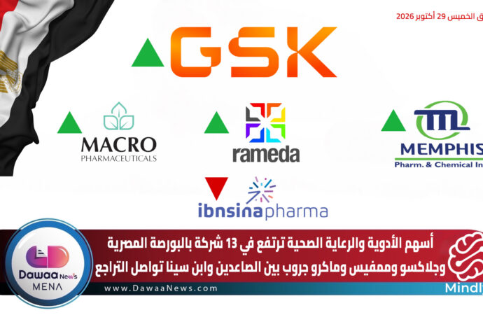 أسهم الأدوية والرعاية الصحية ترتفع في 13 شركة بالبورصة المصرية وجلاكسو وممفيس وماكرو جروب بين الصاعدين وابن سينا تواصل التراجع